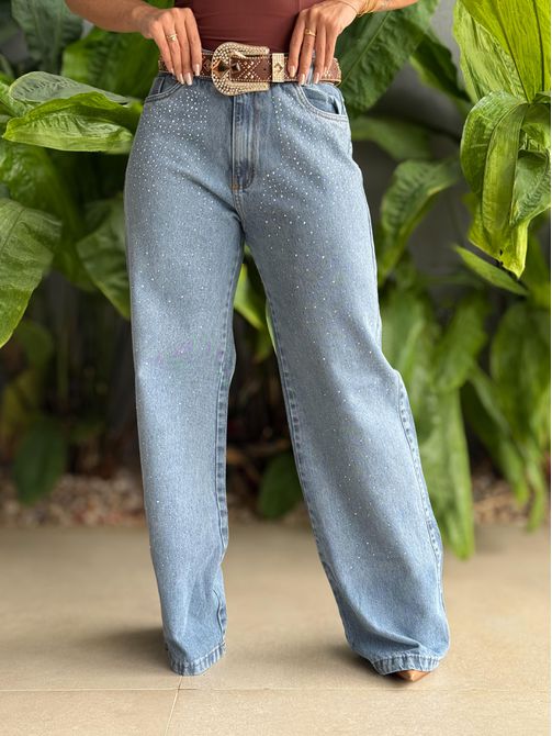 Calça Wide Leg Jeans com Aplicações em Brilho LAVA... - LOJA TUTTI FRUTTI