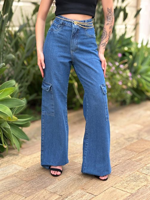 Calça Wide Leg Jeans Estilo LAVAGEM ESCURA - LOJA TUTTI FRUTTI
