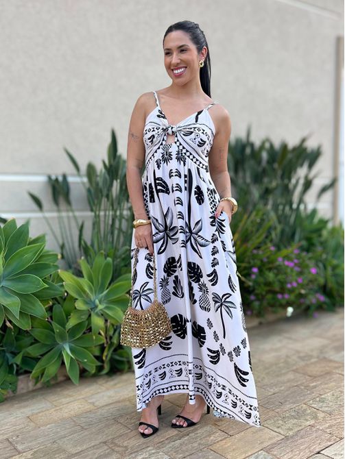 Vestido Longo Betina ESTAMPADO BEGE COM PRETO - LOJA TUTTI FRUTTI