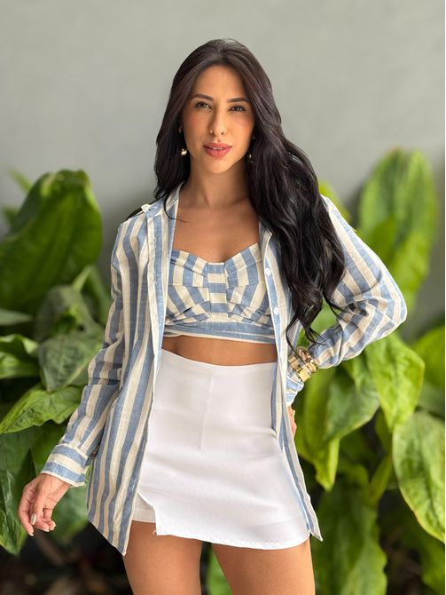 Conjunto Ines Cropped e Camisa LISTRADO AZUL - LOJA TUTTI FRUTTI