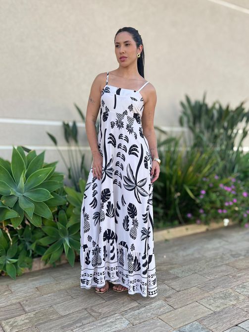Vestido Midi Cristina ESTAMPADO BEGE COM PRETO - LOJA TUTTI FRUTTI