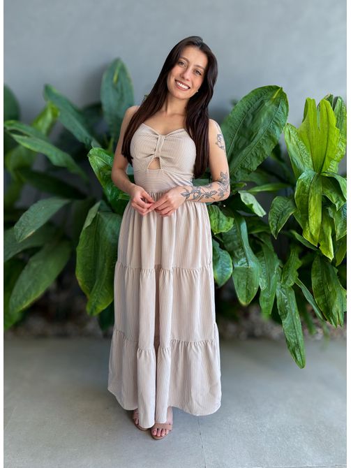 Vestido Midi Flavia BEGE COM BRANCO - LOJA TUTTI FRUTTI