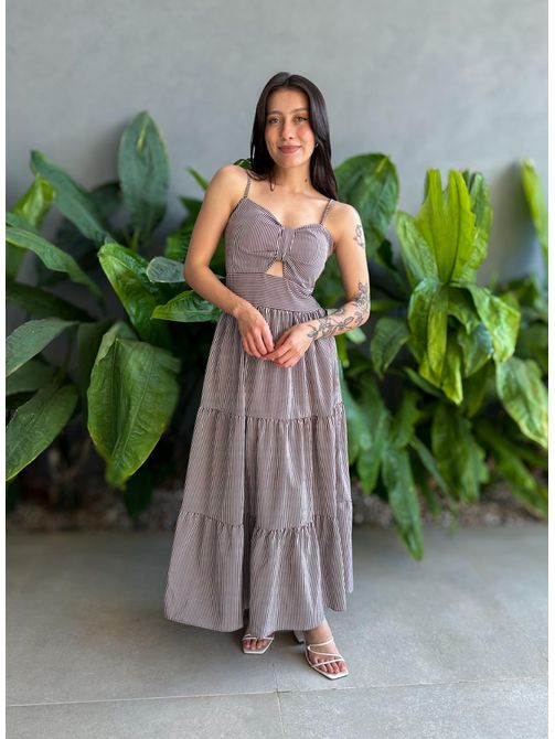 Vestido Midi Flavia MARROM E BRANCO - LOJA TUTTI FRUTTI