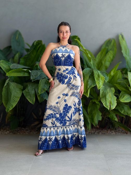 Vestido Longo Pati ESTAMPADO BEGE COM AZUL - LOJA TUTTI FRUTTI