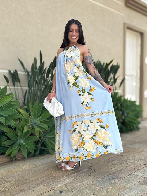Vestido Longo Aline ESTAMPADO AZUL CLARO COM AMARE... - LOJA TUTTI FRUTTI