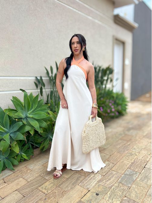 Vestido Longo Babi Frente Única BEGE CLARO COM LAR... - LOJA TUTTI FRUTTI