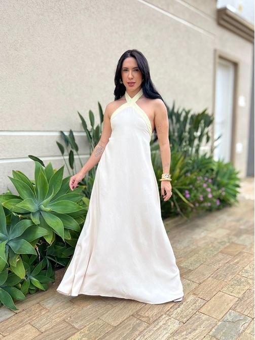 Vestido Longo Babi Frente Única BEGE CLARO COM AMA... - LOJA TUTTI FRUTTI