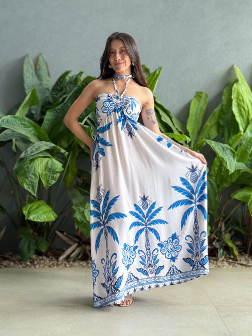 Vestido Midi Cintia ESTAMPADO BRANCO COM AZUL - LOJA TUTTI FRUTTI