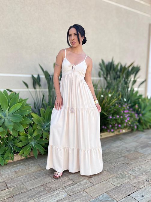 Vestido Midi Gleice BEGE - LOJA TUTTI FRUTTI