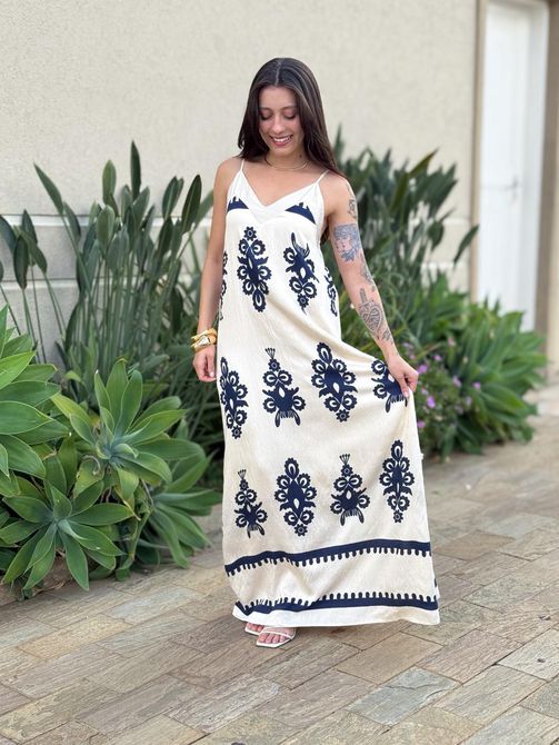 Vestido Longo Nick ESTAMPADO BEGE COM AZUL MARINHO - LOJA TUTTI FRUTTI