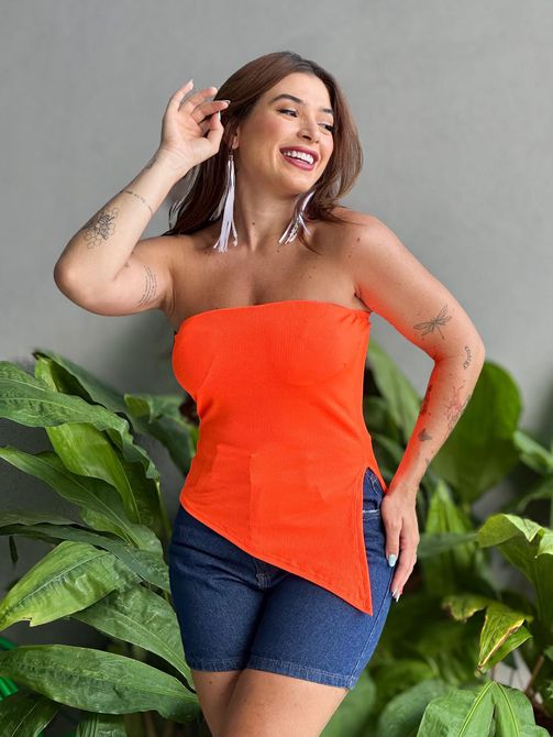 Blusa Sem Alças Assimétrica LARANJA NEON - LOJA TUTTI FRUTTI