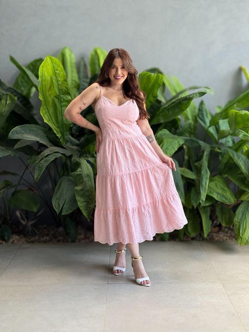 Vestido Midi Dafne em Laise ROSA BEBE - LOJA TUTTI FRUTTI