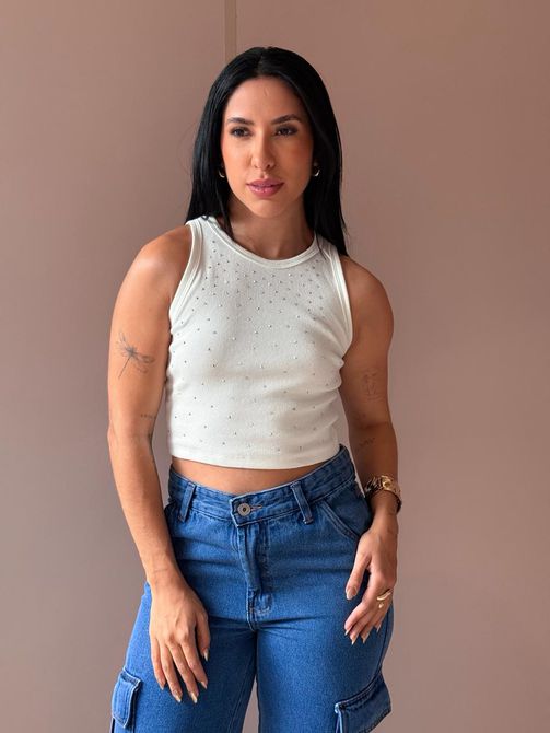Regata Cropped com Aplicação de Brilhos OFF WHITE - LOJA TUTTI FRUTTI