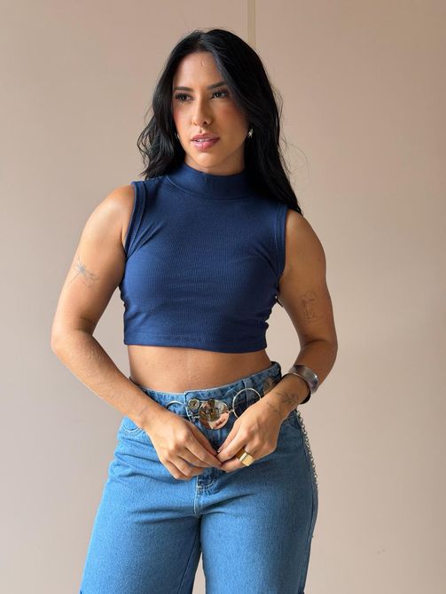 Cropped Virginia em Malha Canelada AZUL MARINHO - LOJA TUTTI FRUTTI