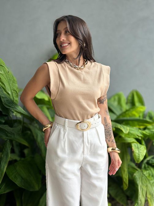 Blusa Muscle Tee em Malha Ribana BEGE - LOJA TUTTI FRUTTI