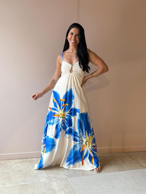 Vestido Longo Marieta ESTAMPADO BEGE COM AZUL - LOJA TUTTI FRUTTI