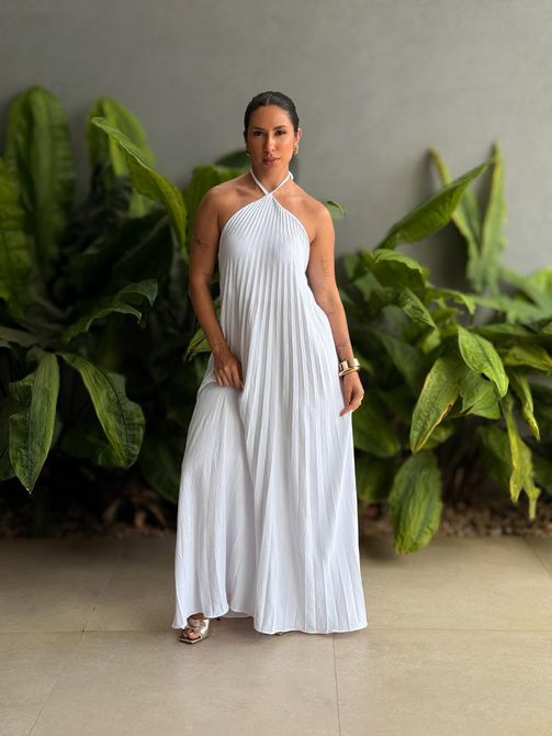 Vestido Longo Cristina Plissado BRANCO - LOJA TUTTI FRUTTI