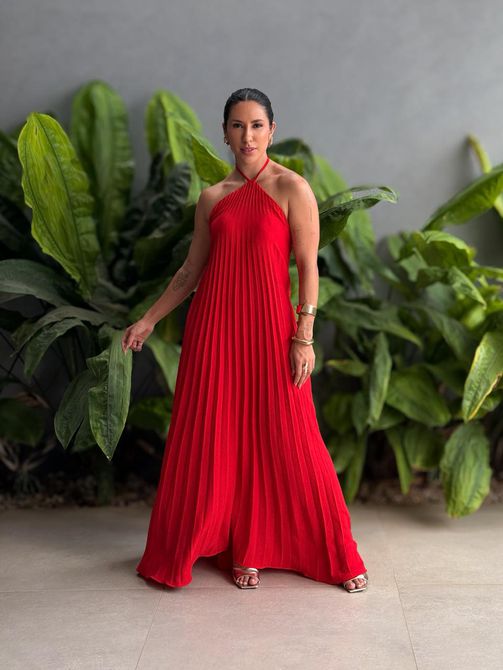 Vestido Longo Cristina Plissado VERMELHO - LOJA TUTTI FRUTTI