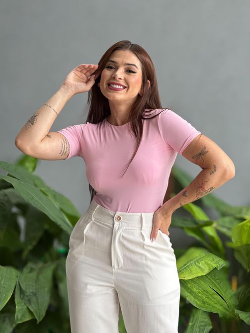 Body Manga Curta em Poliamida ROSA CLARO - LOJA TUTTI FRUTTI