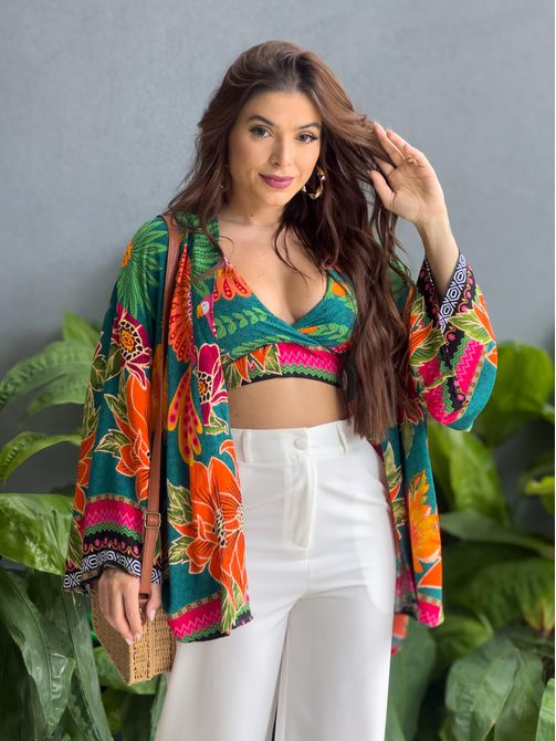 Conjunto Cropped e Kimono ESTAMPADO VERDE COM LAR... - LOJA TUTTI FRUTTI