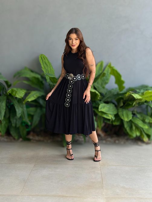 Vestido Midi Malha Babados PRETO - LOJA TUTTI FRUTTI