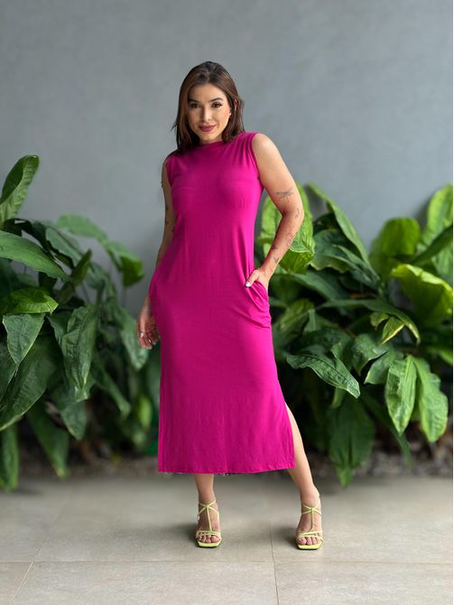 Vestido Longo Cavado Malha Premium ROSA PINK - LOJA TUTTI FRUTTI