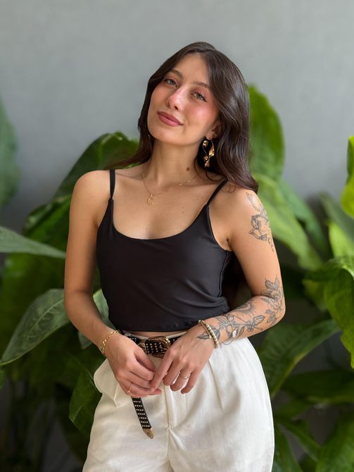 Top Cropped Alças Finas em Poliamida PRETO - LOJA TUTTI FRUTTI