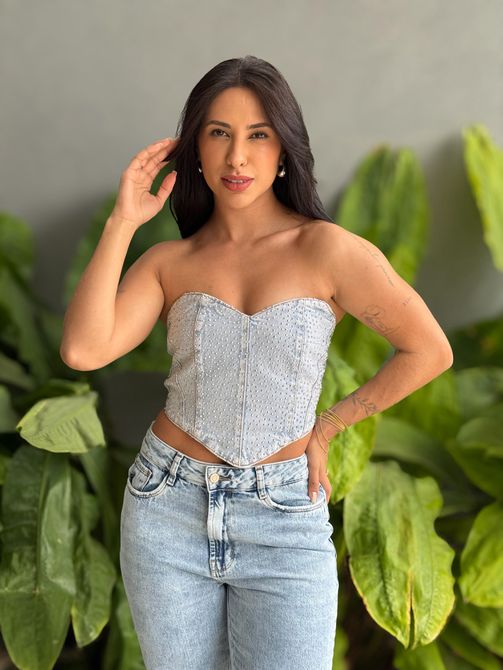Corselet Jeans com Aplicação de Brilhos LAVAGEM CL... - LOJA TUTTI FRUTTI