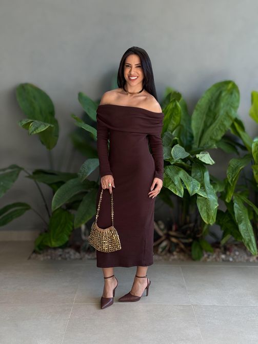 Vestido Midi Ombro a Ombro em Malha Ribana MARROM - LOJA TUTTI FRUTTI