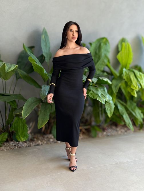Vestido Midi Ombro a Ombro em Malha Ribana PRETO - LOJA TUTTI FRUTTI