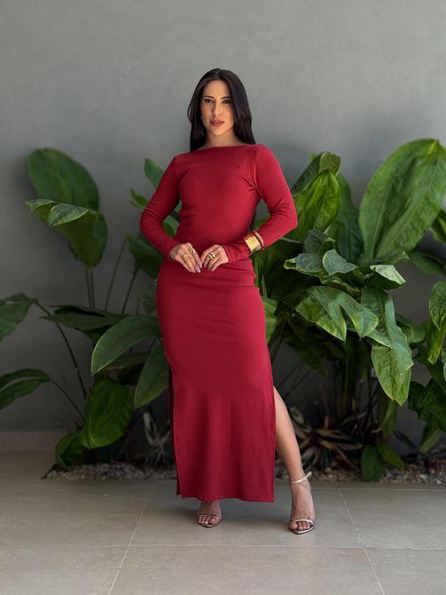 Vestido Monise Manga Longa Costas Nua VINHO - LOJA TUTTI FRUTTI