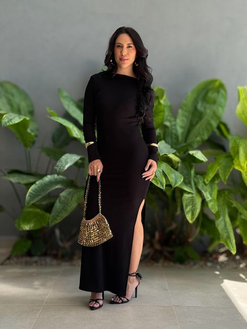 Vestido Monise Manga Longa Costas Nua PRETO - LOJA TUTTI FRUTTI