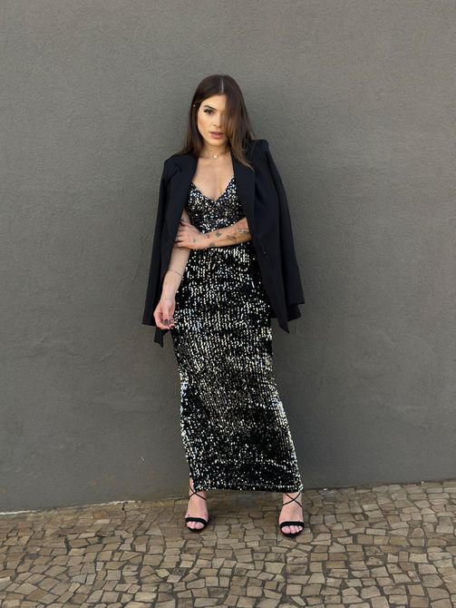 Saia Midi em Paetes PRETO COM PRATA - LOJA TUTTI FRUTTI