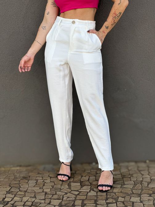 Calça Alfaiataria Flora em Liocel OFF WHITE - LOJA TUTTI FRUTTI