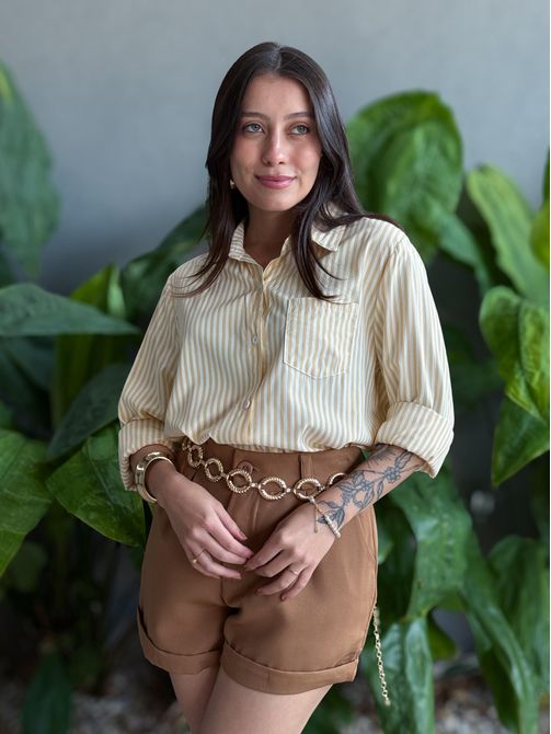 Camisa Listrada BRANCO COM BEGE - LOJA TUTTI FRUTTI
