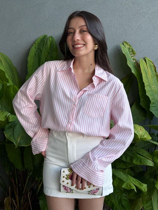 Camisa Listrada BRANCO COM ROSA - LOJA TUTTI FRUTTI