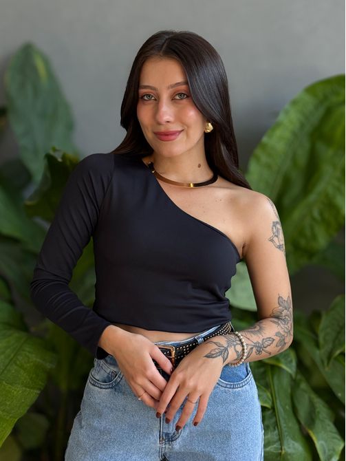 Cropped Laura Nula Manga em Poliamida PRETO - LOJA TUTTI FRUTTI