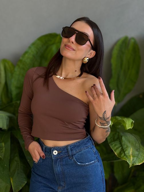 Cropped Laura Nula Manga em Poliamida MARROM - LOJA TUTTI FRUTTI