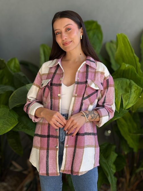 Jaqueta Xadrez Alongada BRANCO COM ROSA - LOJA TUTTI FRUTTI