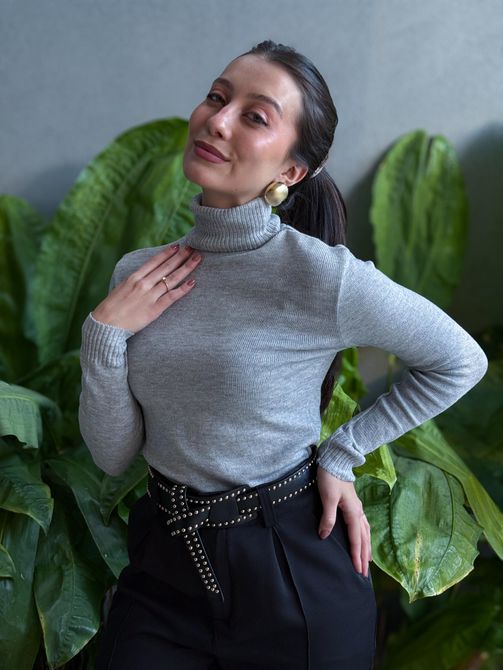 Blusa Segunda Pele Gola Alta em Tricot CINZA MESCL - LOJA TUTTI FRUTTI