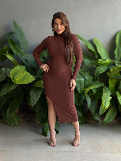 Vestido Germania Midi Manga Longa MARROM - LOJA TUTTI FRUTTI