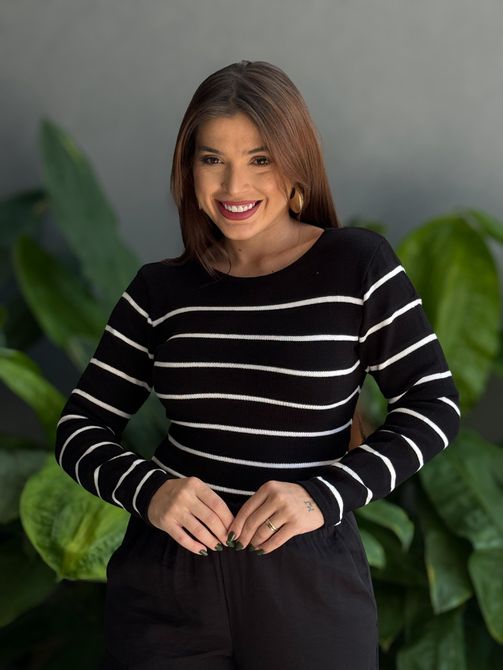 Tricot Listras Cassia PRETO COM BRANCO - LOJA TUTTI FRUTTI
