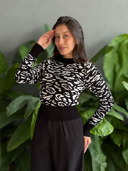 Tricot Manga Longa Animal Print PRETO E BRANCO - LOJA TUTTI FRUTTI