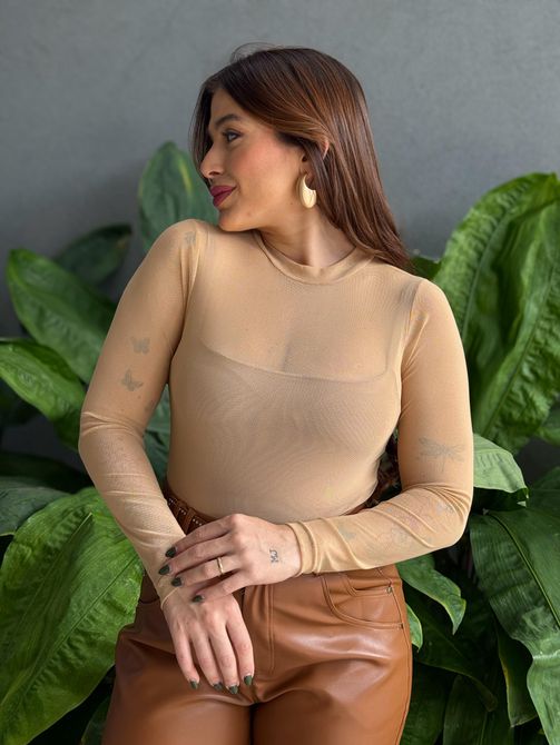 Body em Tule Manga Longa BEGE - LOJA TUTTI FRUTTI