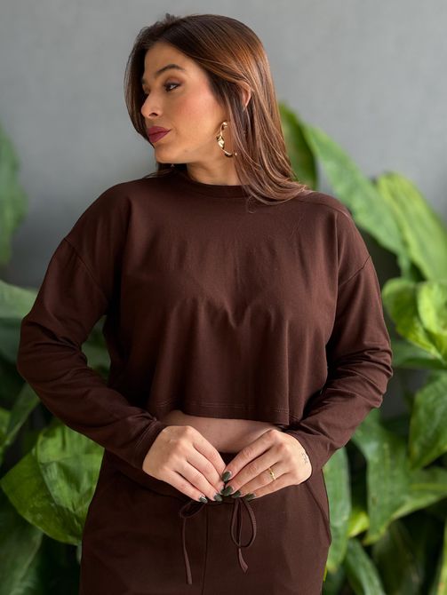 Blusa Milena Manga Longa em Moletinho MARROM - LOJA TUTTI FRUTTI