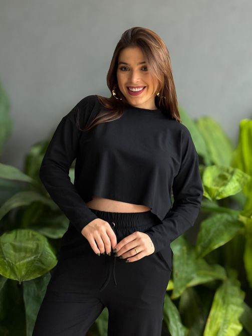 Blusa Milena Manga Longa em Moletinho PRETO - LOJA TUTTI FRUTTI