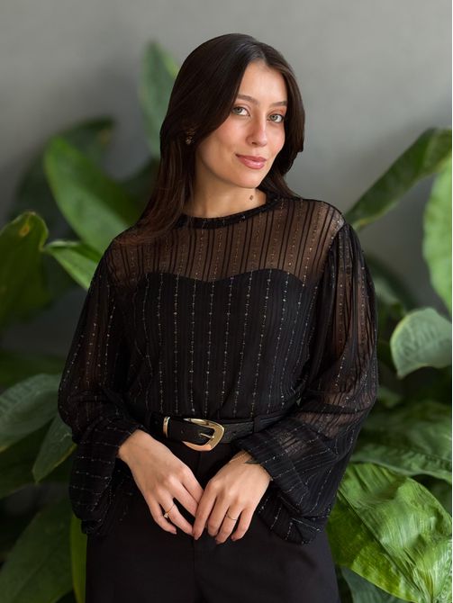 Cropped Lurex Rebeca Manga Bufante PRETO - LOJA TUTTI FRUTTI