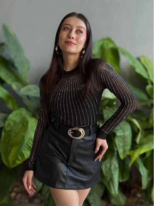 Body em Tule com Aplicações em Strass PRETO - LOJA TUTTI FRUTTI