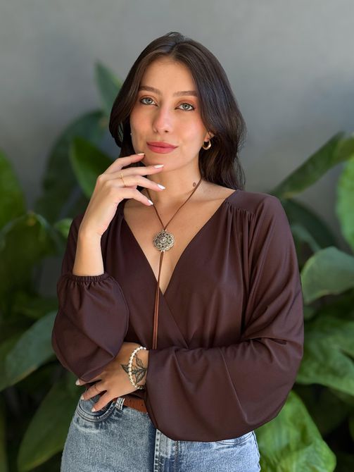Cropped Ayla Manga Longa Decote em V MARROM CAFÉ - LOJA TUTTI FRUTTI