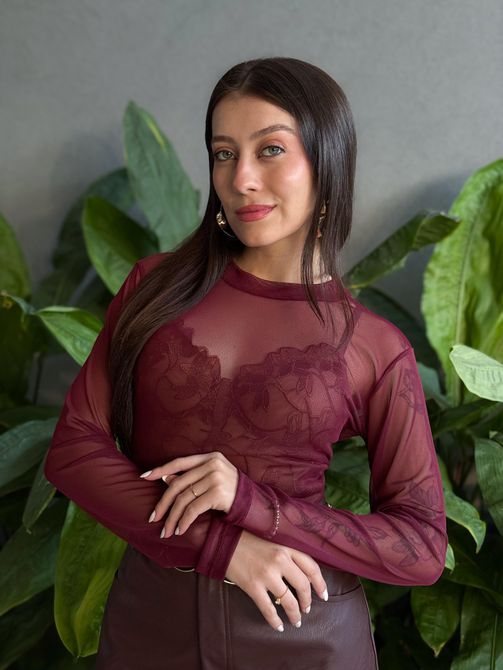 Body em Tule Manga Longa VINHO - LOJA TUTTI FRUTTI